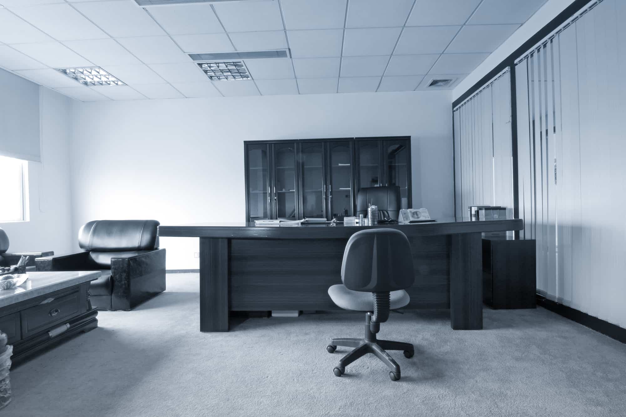 A monochrome image of a spacious, vacant C-suite office with a large desk, chair, and shelving units under fluorescent lighting.